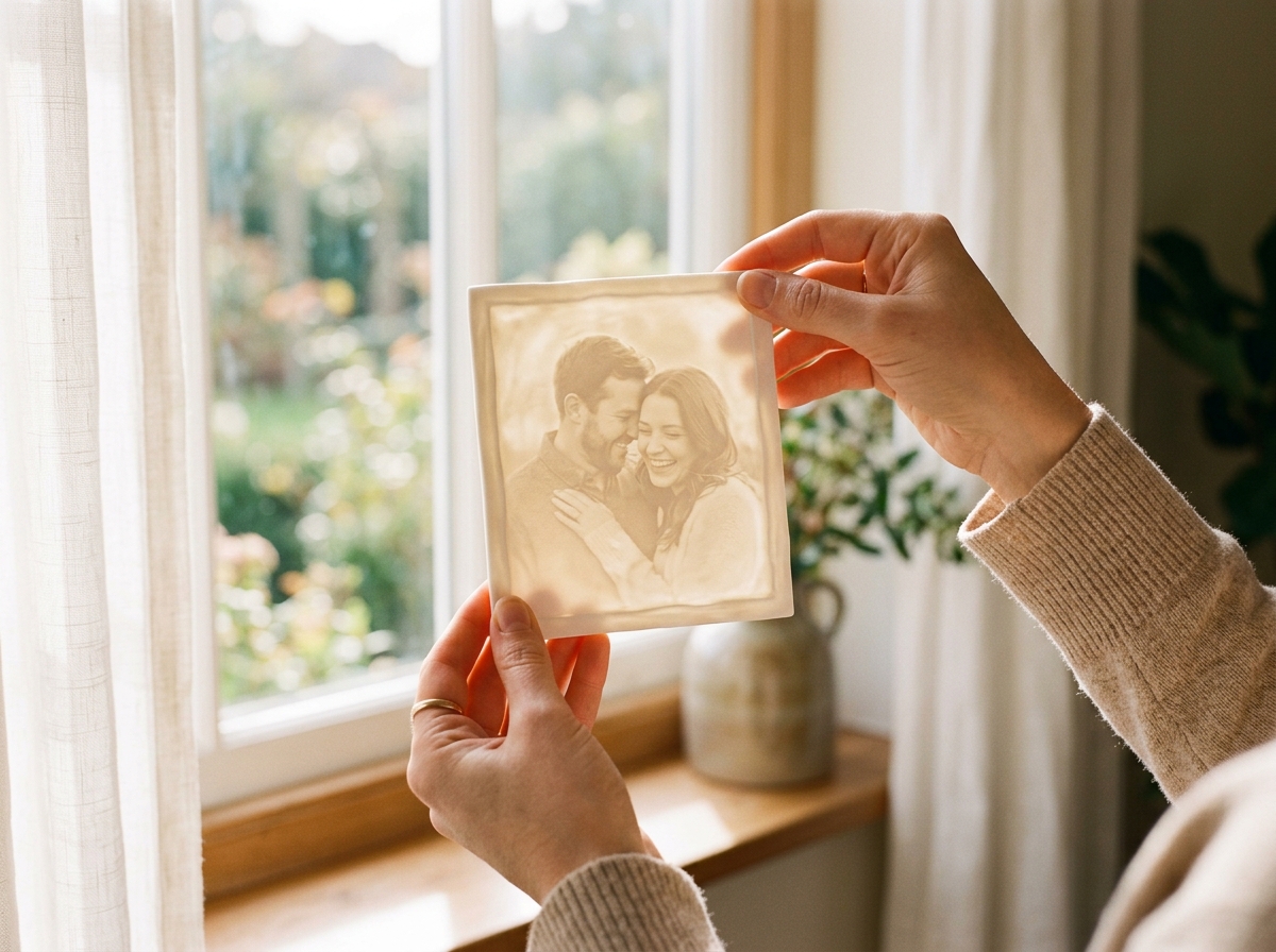 Hands holding a carved white resin panel up to a window, the photo faintly visible in the light