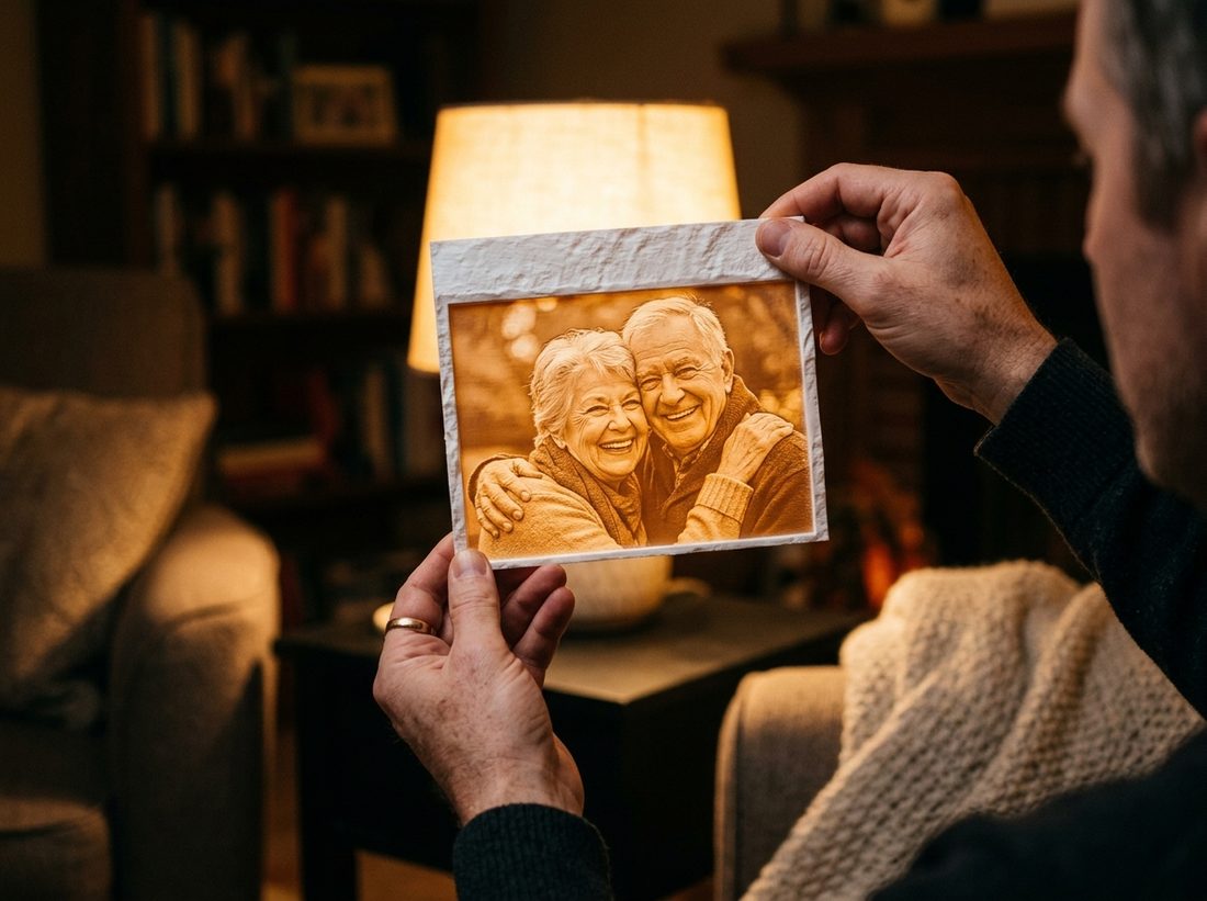 A hand holding a thin white panel up to a lamp, a dog's photo glowing through the material